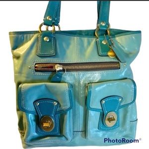 Coach MATCHING SET Tote and Wallet! Vintage Legacy Turquoise Patent Leather Gigi